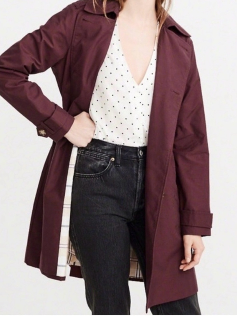 Abercrombie & Fitch Burgundy Double-Breasted Trench Coat Size Small - Picture 12 of 12